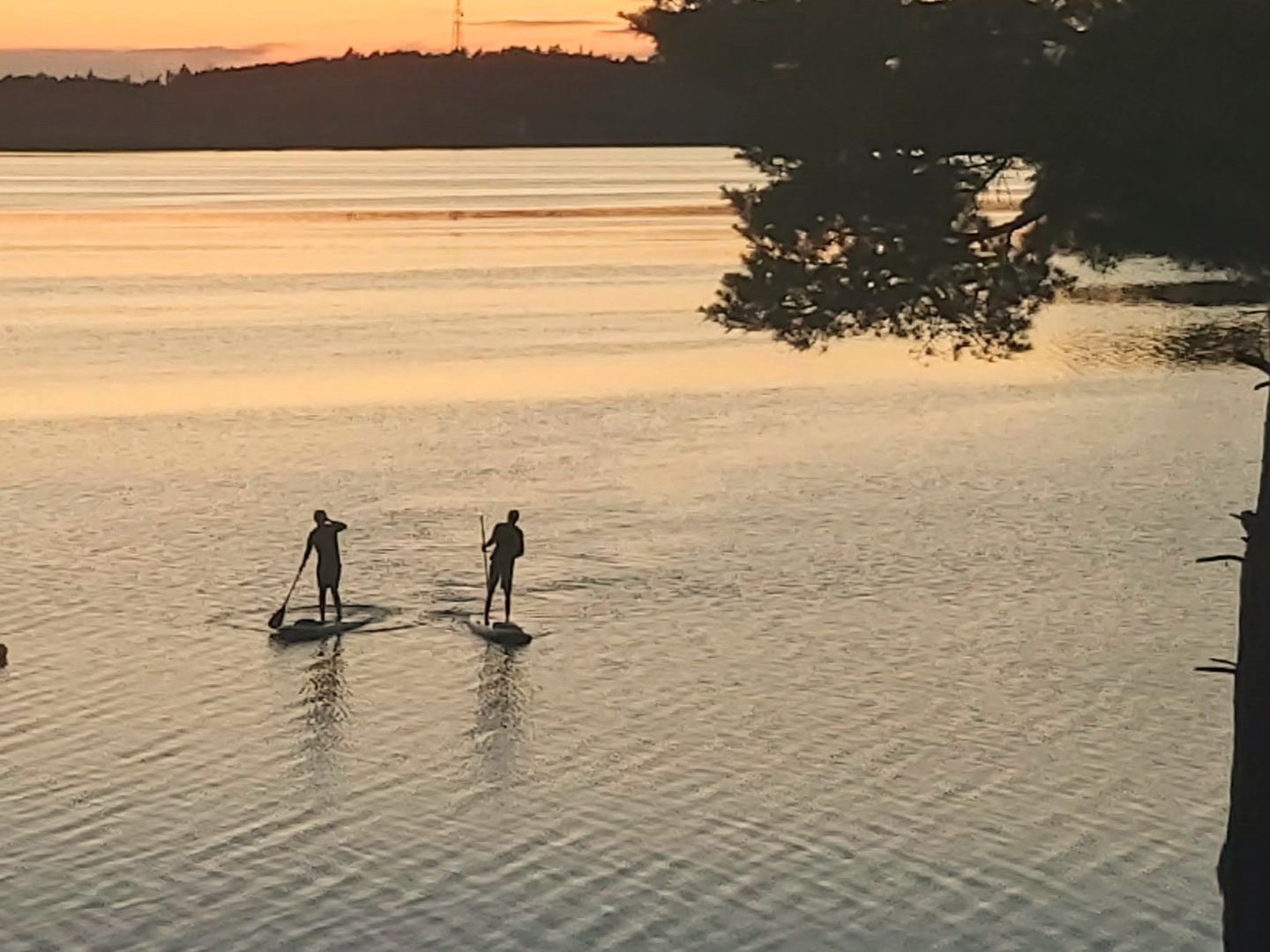Paddleboarding at twilight at Sunset Cottage on Lake Deception in Nova Scotia